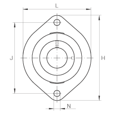 軸承座單元 FLCTEY12, 帶兩個螺栓孔的法蘭的軸承座單元，鑄鐵， 內(nèi)圈帶平頭螺釘， P 型密封，無再潤滑結(jié)構(gòu)