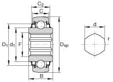 外球面球軸承 SK102-207-KRR-B-AH10, 球面外圈，內(nèi)圈帶六角形孔，兩側(cè) R 型密封